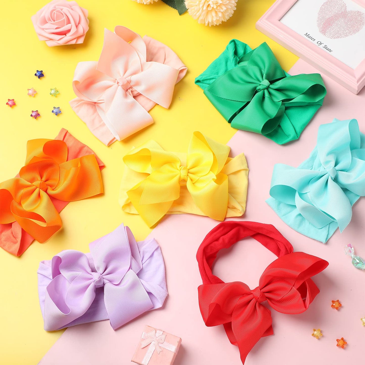 Hoteam 50 Pcs Baby Girls Large Bows Headbands 6.3 Inch Soft Wide Turban Baby Headbands Elastic Nylon Hairbands Hair Accessories