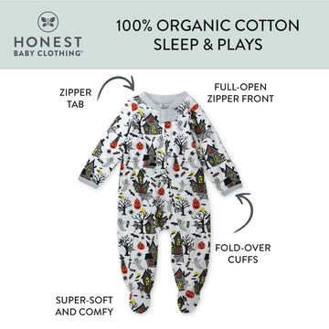 Honestbaby Sleep And Play Footed Pajamas One-Piece Sleeper Jumpsuit Zip-Front Pjs Organic Cotton For Baby Boys, Unisex, Haunted