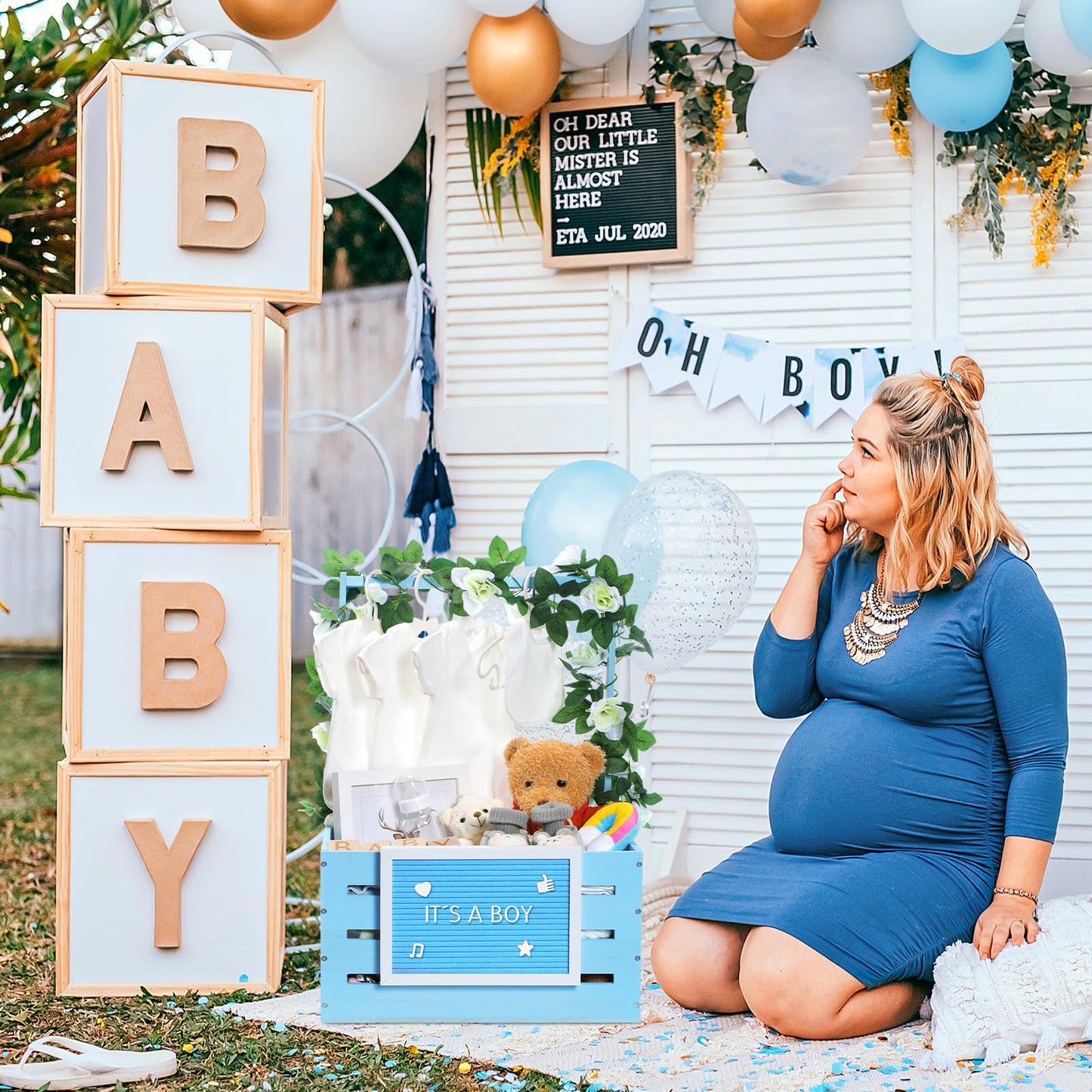 Barydat Wooden Baby Shower Crate Closet, Basket With Handle And Felt Letter Board Kit Garland Baby Shower Wooden Gift Crate Pers