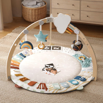 Blissful Diary Baby Play Gym & Activity Mat, 5 Developmental Zones Wooden Tummy Time Mat With 6 Detachable Sensory Toys For Moto
