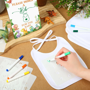 Panitay 100 Pcs Diy Baby Bibs Decorating Kit 50 White Bibs 25 Stencils 24 Fabric Markers 1 Baby Shower Game Sign(Dinosaur)