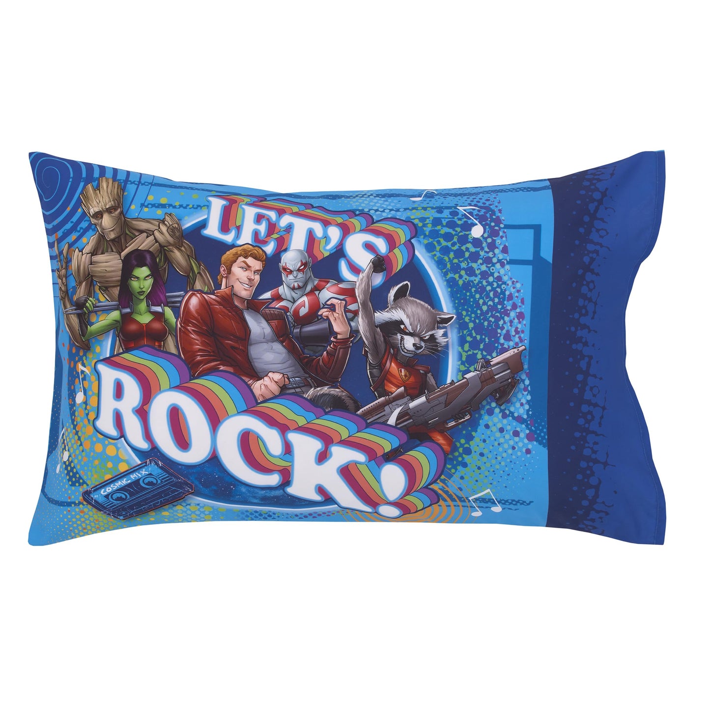 Marvel Guardians Of The Galaxy Blue Let'S Rock 4 Piece Toddler Bed Set - Comforter, Fitted Bottom Sheet, Flat Top Sheet, And Rev