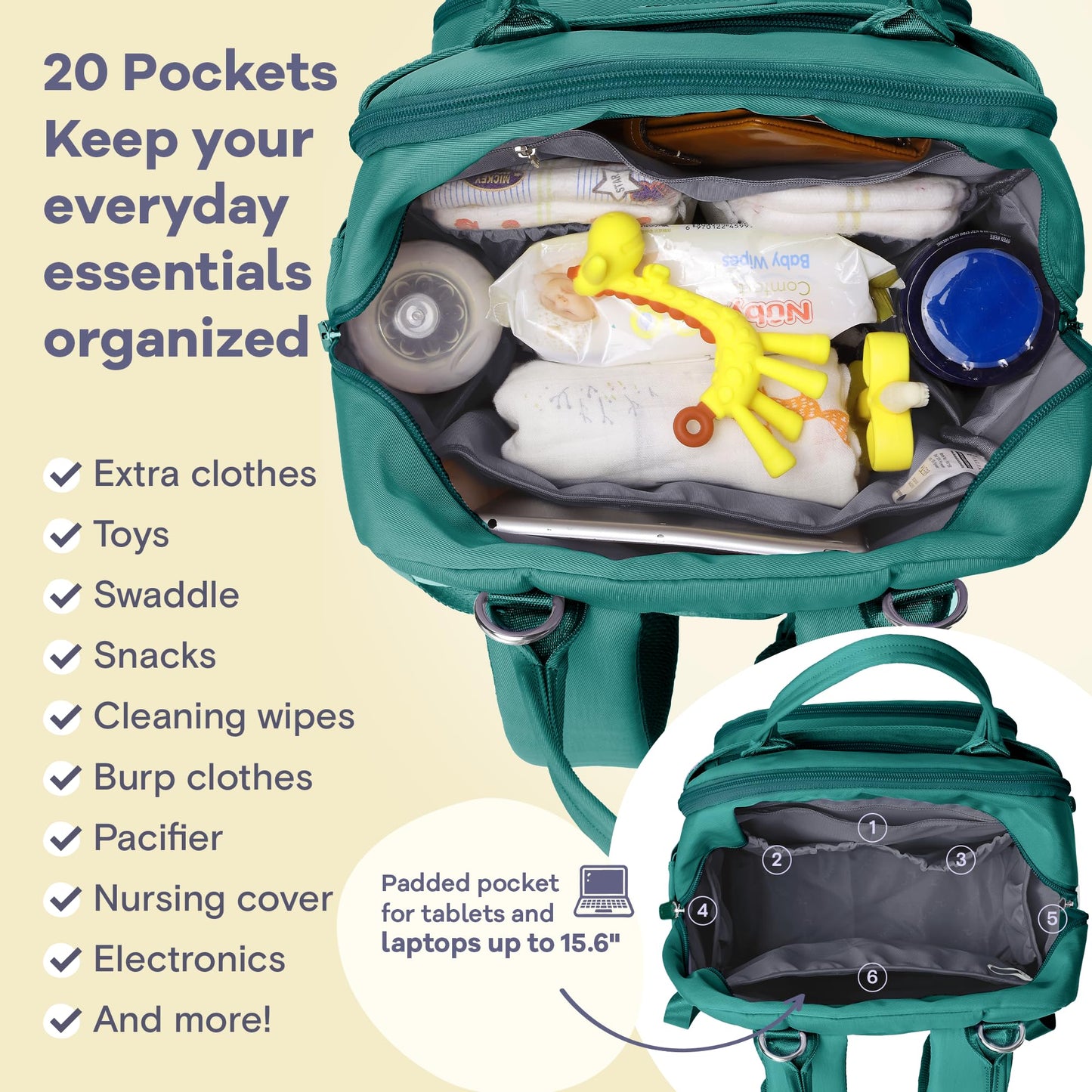 Ruvalino Diaper Bag Backpack, Multifunction Travel Pack Maternity Baby Changing Bags, Large Capacity, Waterproof, Turquoise