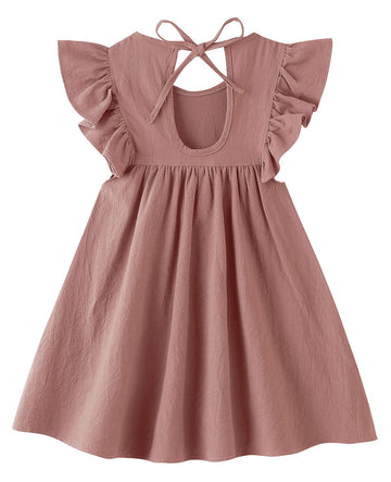 Lyxiof Toddler Baby Girl Cotton Linen Dress Ruffle Sleeve Halter Sleeveless Kids Casual Dresses Dark Pink 80Cm