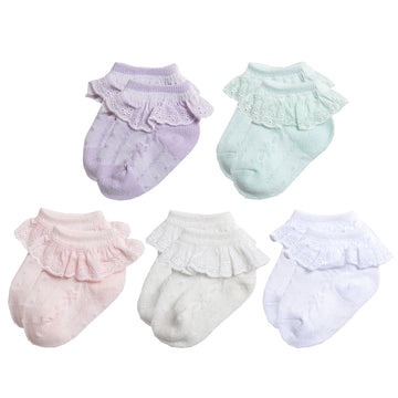 Epeius 5 Pack Infants Baby-Girls Eyelet Frilly Lace Socks Princess Ankle Socks For 6-12 Months,Bow Pattern,White/Ivory/Pink/Purp