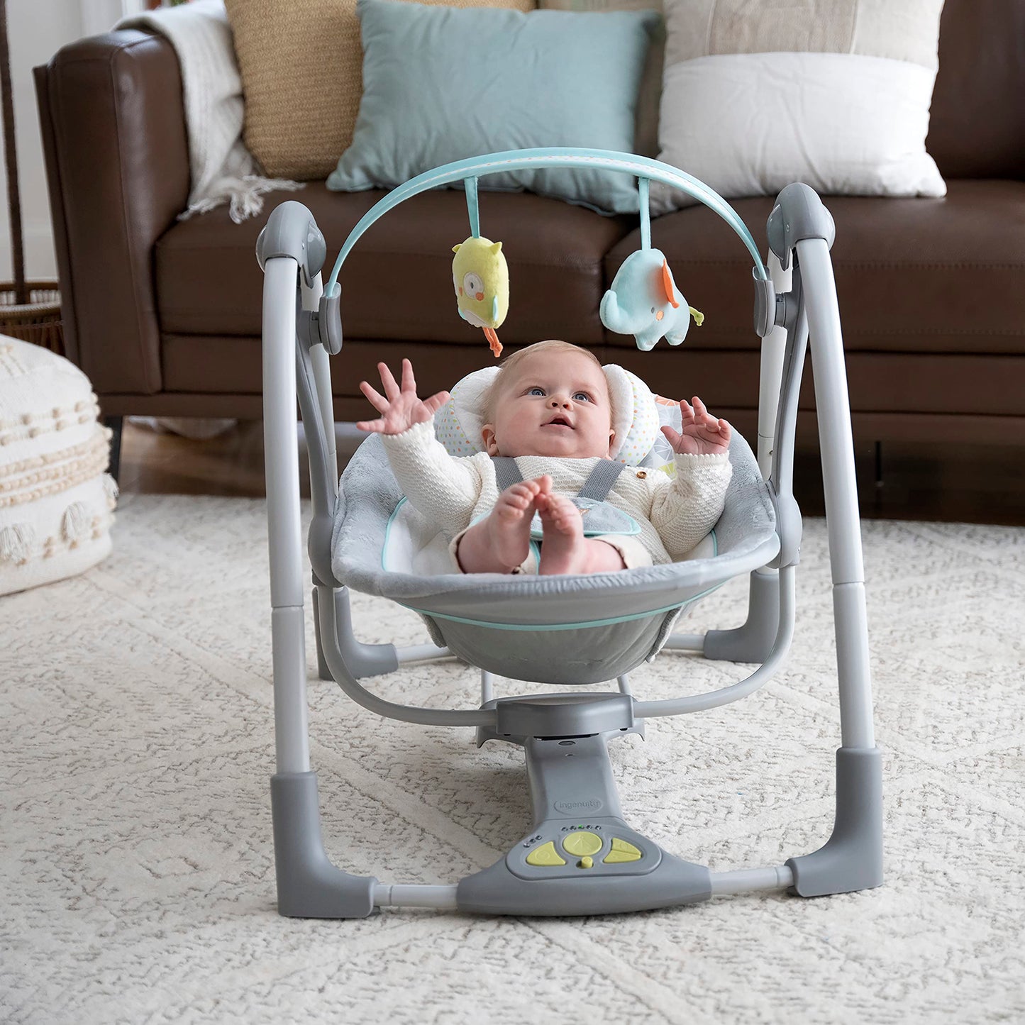 Ingenuity Swing 'N Go 5-Speed Baby Swing - Foldable, Portable, 2 Plush Toys & Sounds, 0-9 Months 6-20 Lbs (Hugs & Hoots)