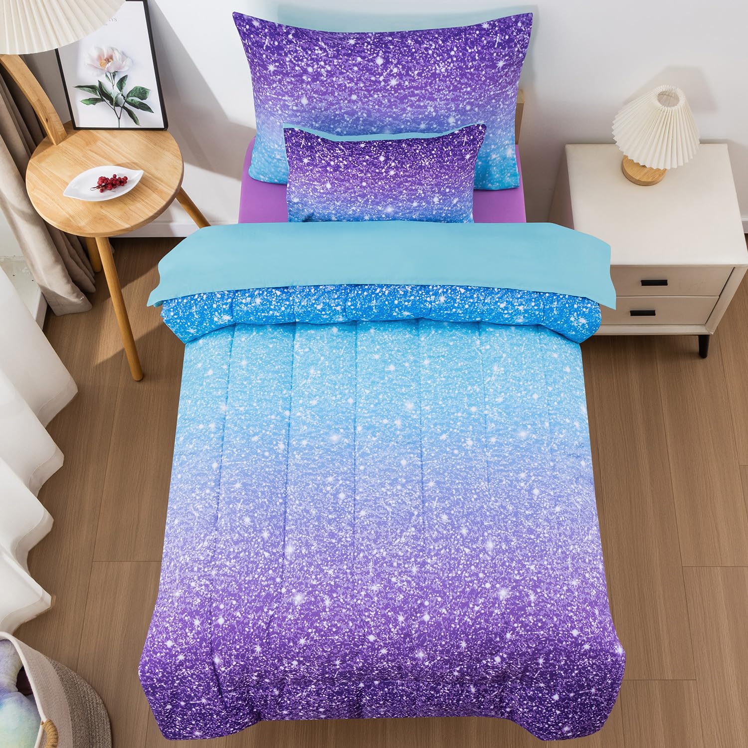 Jqinhome Toddler Bedding Sets For Girls,5 Piece Bed In A Bag 3D Pink Purple Comforter Set With 2 Pillowcases,1 Flat Sheet,1 Fitt