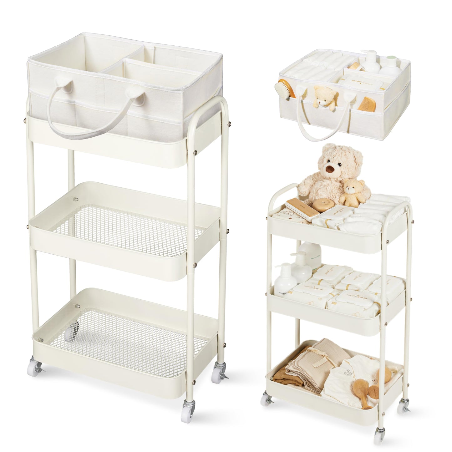 Fortella Baby Diaper Caddy, 3 Tier Rolling Storage Cart for Baby Essentials, Diaper Cart with Detachable Dividers, Storage Organ