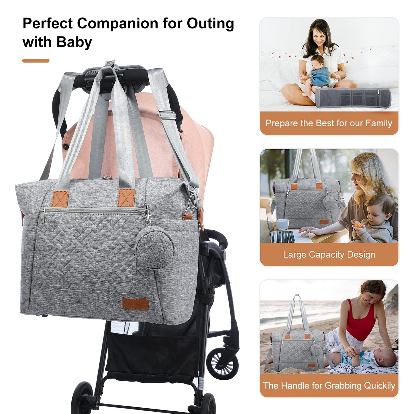 Lovevook Diaper Bag Tote, Large Baby Tote Bag, Travel Diaper Tote For Mom And Dad With Changing Pad And First Aid Bag, Light Gre