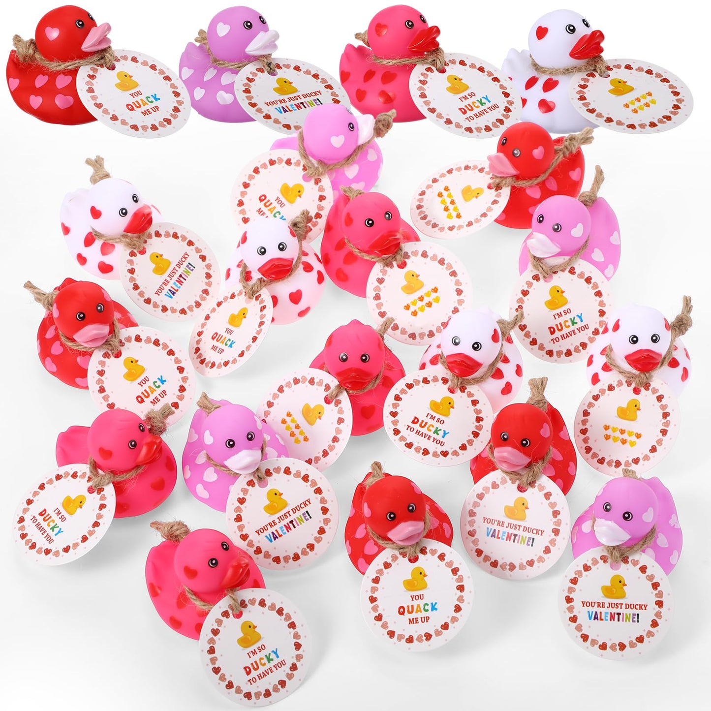 Jerify 48 Pcs 2 Inch Mini Valentine Rubber Duckies with Gift Cards Valentines Day Heart Rubber Ducks Bath Toys for Classroom Ex