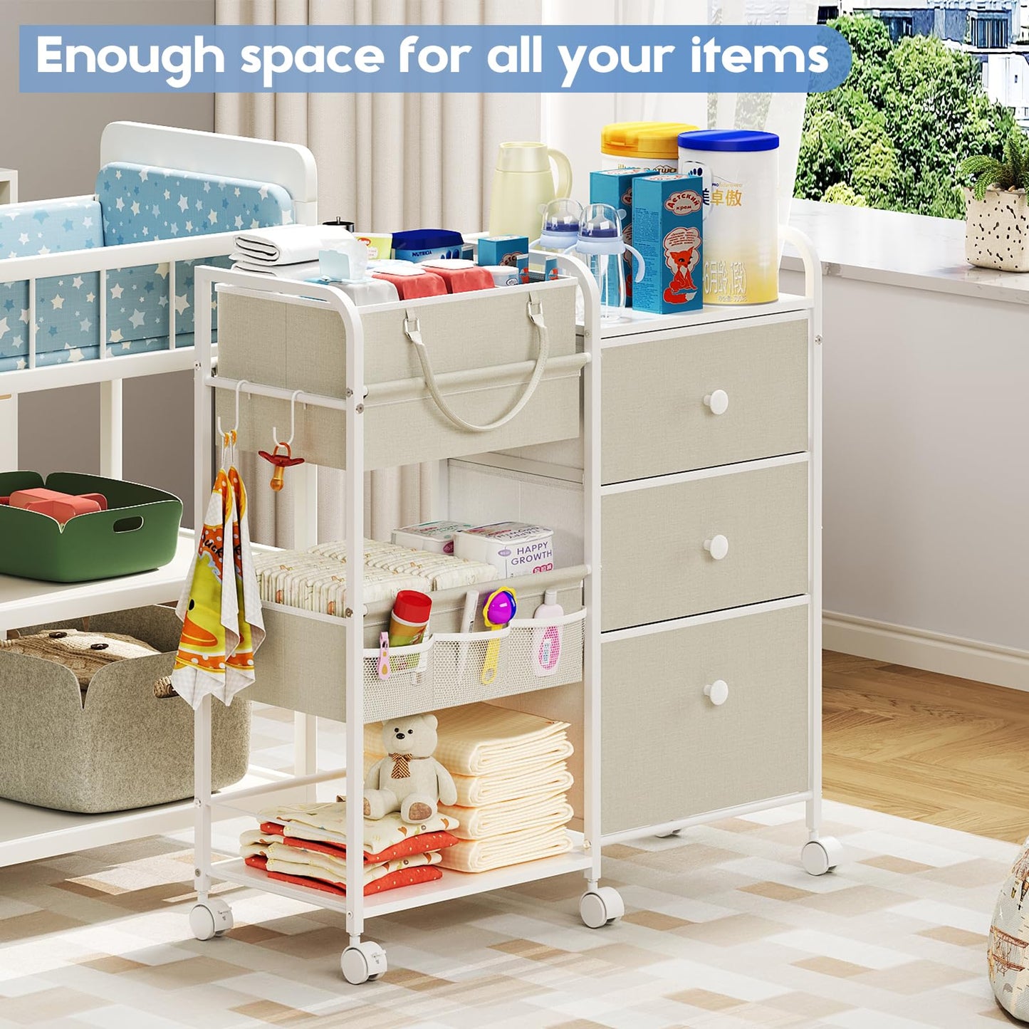 Cidaziya 2In1 Baby Diaper Caddy Organizer and Storage, 3 Tier Rolling Cart with Dividers and Drawers, Mobile Utility Cart Baby D