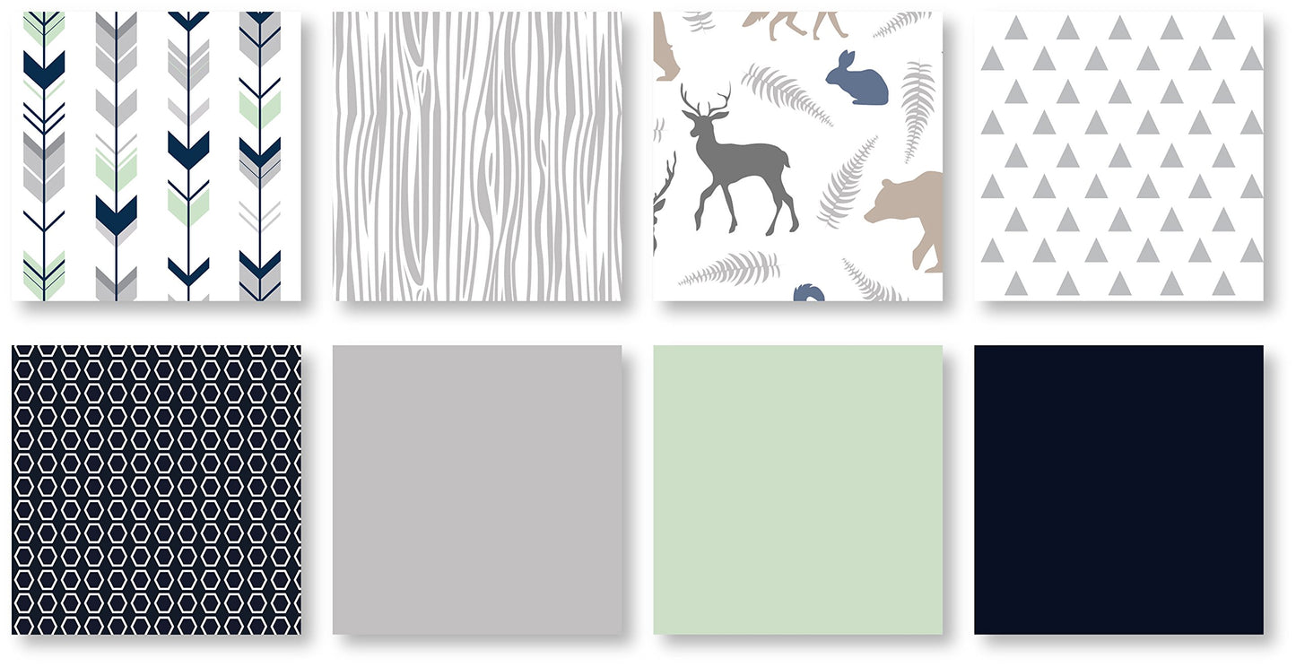 Navy Blue, Mint And Grey Woodsy Deer Boys Toddler Bedding 5 Piece Comforter Sheet Set