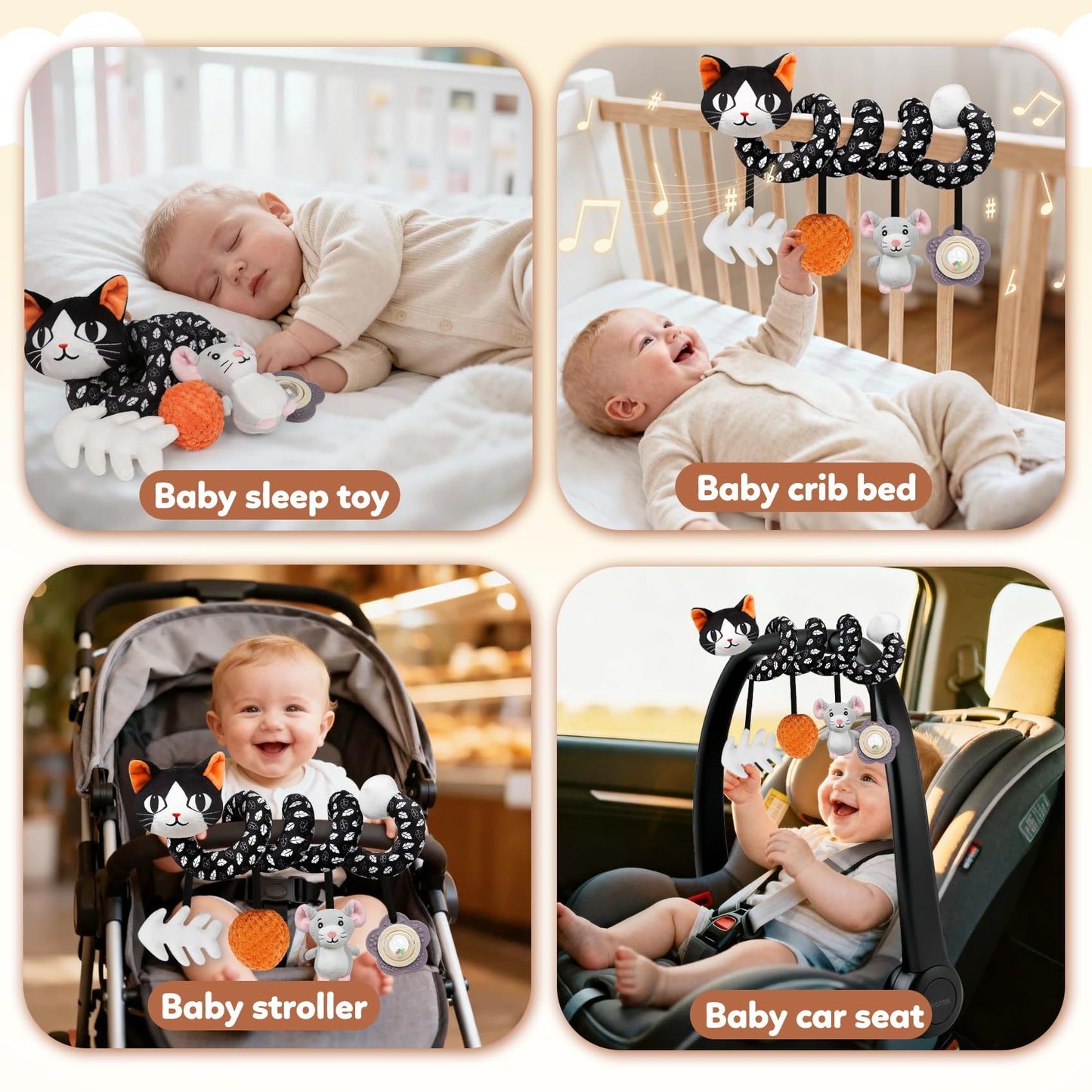 GKDOMS Baby Carseat Toy Black & White Rattle Spiral Hanging Activity Stroller Toy for Newborns Boys and Girls - Cat