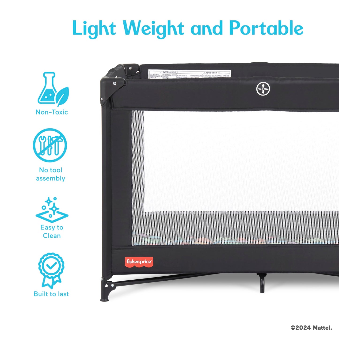 Fisher-Price Play All Day Baby Playard In Black, No Tool Assembly, Easy One-Hand Fold Playard, Breathable Mesh Sides, Carry Bag