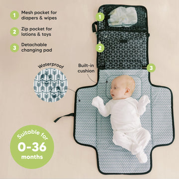 Portable Diaper Changing Pad - Waterproof Travel Changing Mat For Baby, Foldable Baby Diaper Clutch, Detachable Baby Travel Diap