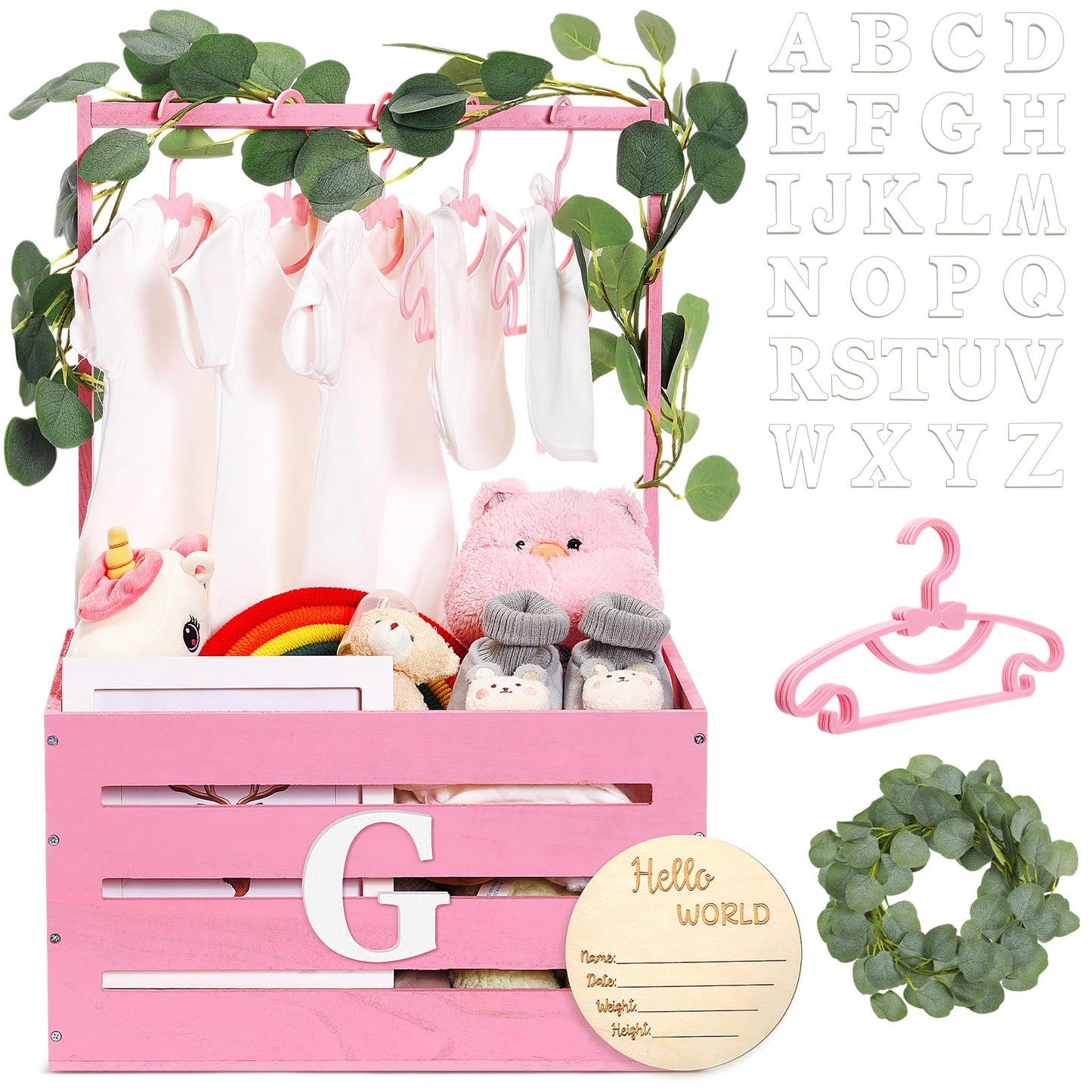 Barydat Wooden Baby Shower Crate Closet Basket with Handle Baby Announcement Sign Garland Hangers Large Letter, Wooden Gift Crat