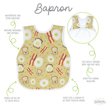 Bapronbaby Eggs & Bacon Bapron - No Neck Tie Safer Bib For Baby & Toddler - Soft Waterproof Stain Resistant - Machine Washable -