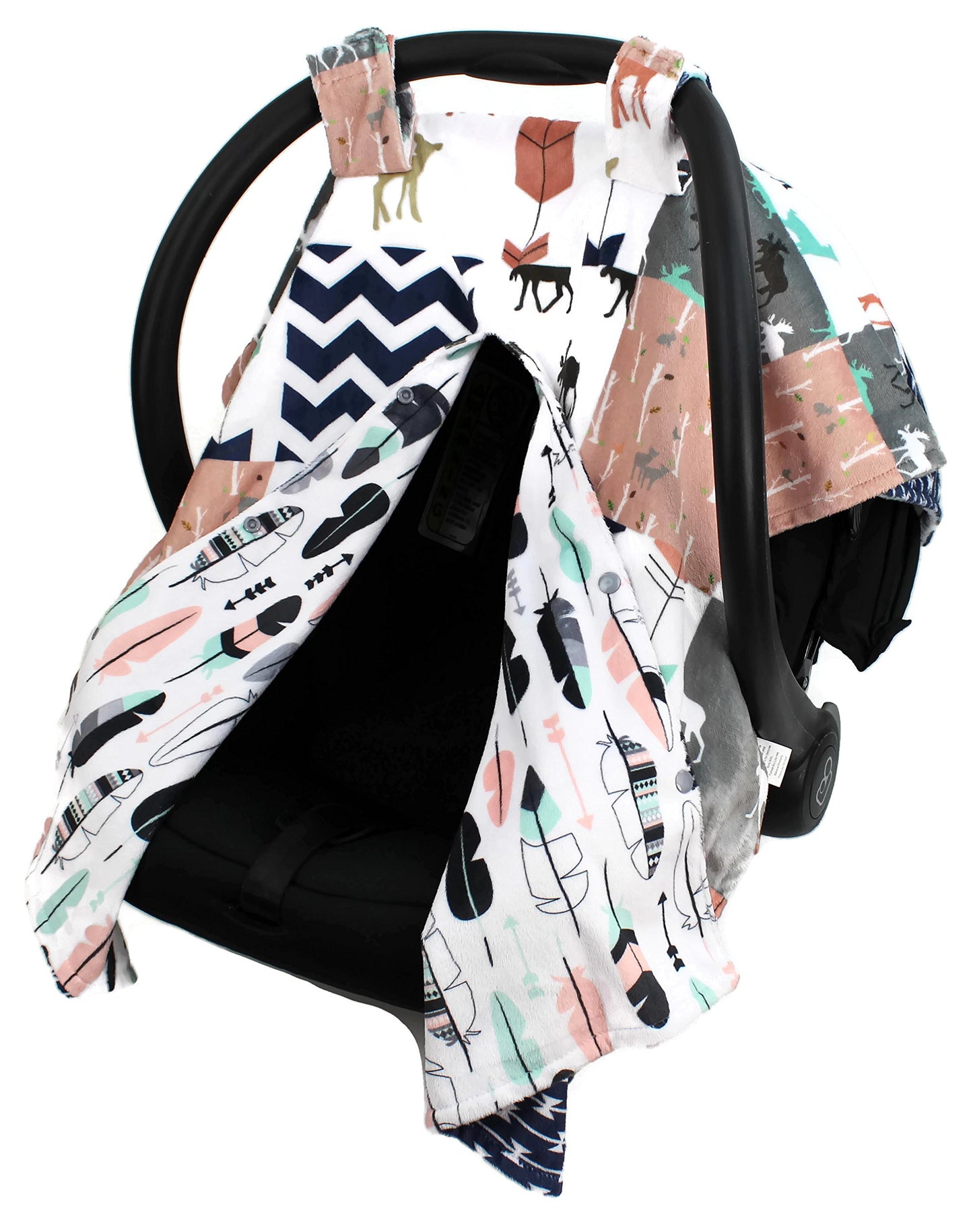 Dear Baby Gear Deluxe Reversible Car Seat Canopy, Custom Minky Print, Woodland Deer Quilt Feathers Pink Mint