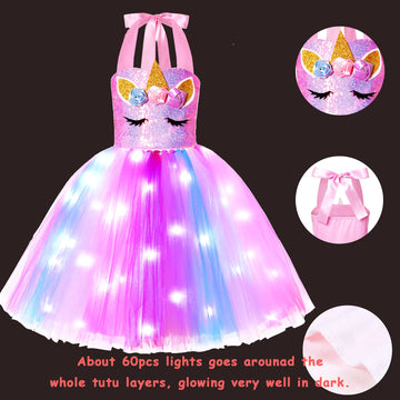 Kakalver Unicorn Costume For Girls Led Light Up Unicorn Dress For Halloween Dress Up Unicorn Birthday Decorations Gifts