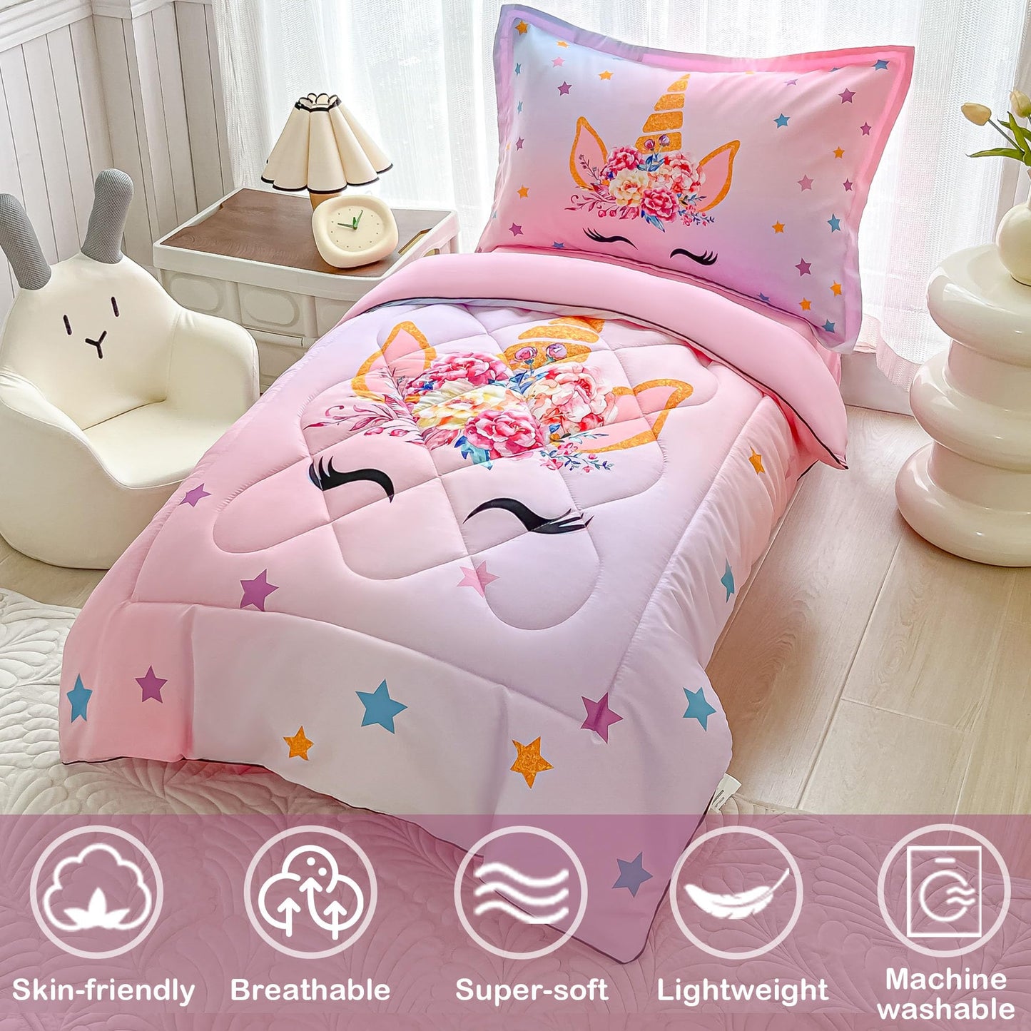 Toddler Bedding Set For Girls 4 Piece Pink Unicorn Stars Toddler Comforter Sets For Baby Kids Bed-In-A-Bag Quilt Crib Toddler Be