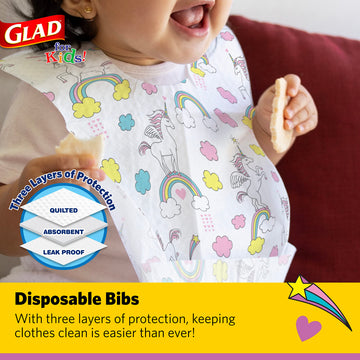 Glad For Kids Unicorn Paper Disposable Bibs With Crumb Catcher For Feeding - Absorbent And Leakproof Eating And Travel Must Have