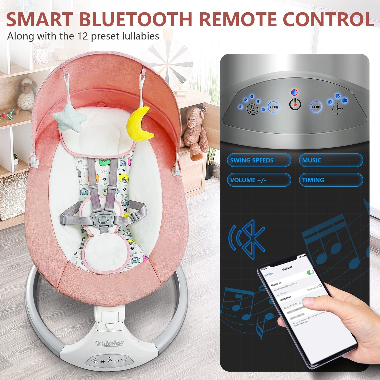 Baby Swings Baby Swing For Infants,5 Speed Portable Swing For Baby Boy Girl Swing With Music Speaker And 12 Preset Lullabies