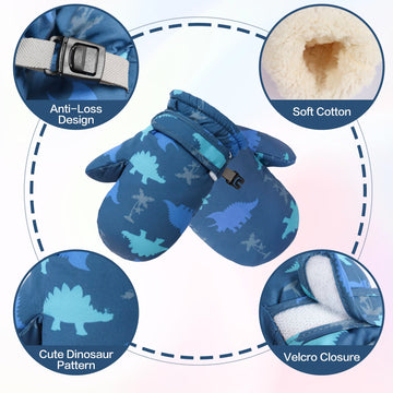 Fynnsure Toddler Mittens Baby Waterproof Snow Gloves Kids Ski Snow Gloves Cold Weather Mittens For Boys Girls Blue&Gray Dinosaur