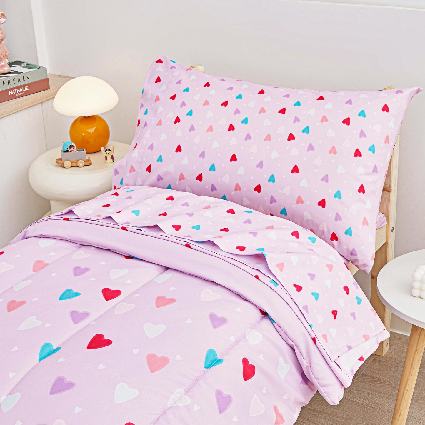 Viviland Purple Heart Toddler Comforter Sets, Cute Girls Toddler Bedding Set, Soft Microfiber Toddler Bed Set