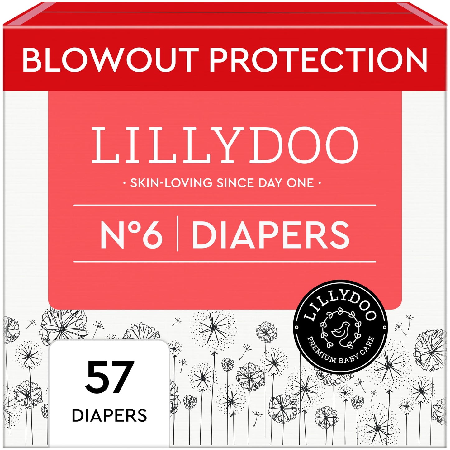 LILLYDOO Baby Diapers - Size 6 (29+ lbs), Half-Monthly Supply (57 Count), Leak Protection, Skin-Friendly, Ultrasoft, Perfume- &