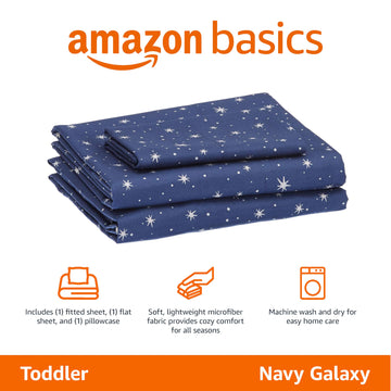 Amazon Basics Kid'S Soft Easy-Wash Lightweight Microfiber 3-Piece Sheet Set, Toddler, Navy Galaxy