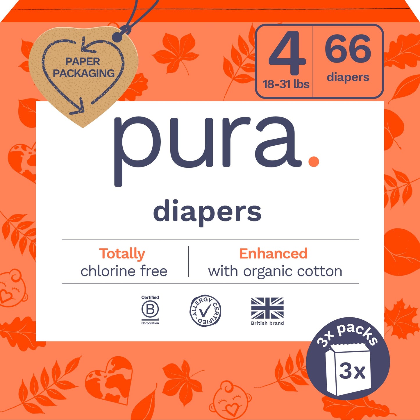 Pura Size 4 Eco-Friendly Diapers (18-31lbs) TCF Hypoallergenic, Soft Organic Cotton, Sustainable, up to 12 Hours Leak Protection