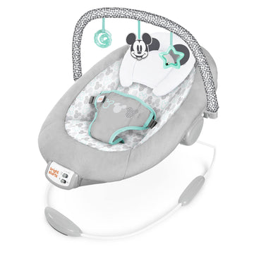 Bright Starts Mickey Mouse Comfy Disney Baby Bouncer In Cloudscapes Includes -Toy Bar With 3 Cute Toys, Plays 7 Soothing Melodie