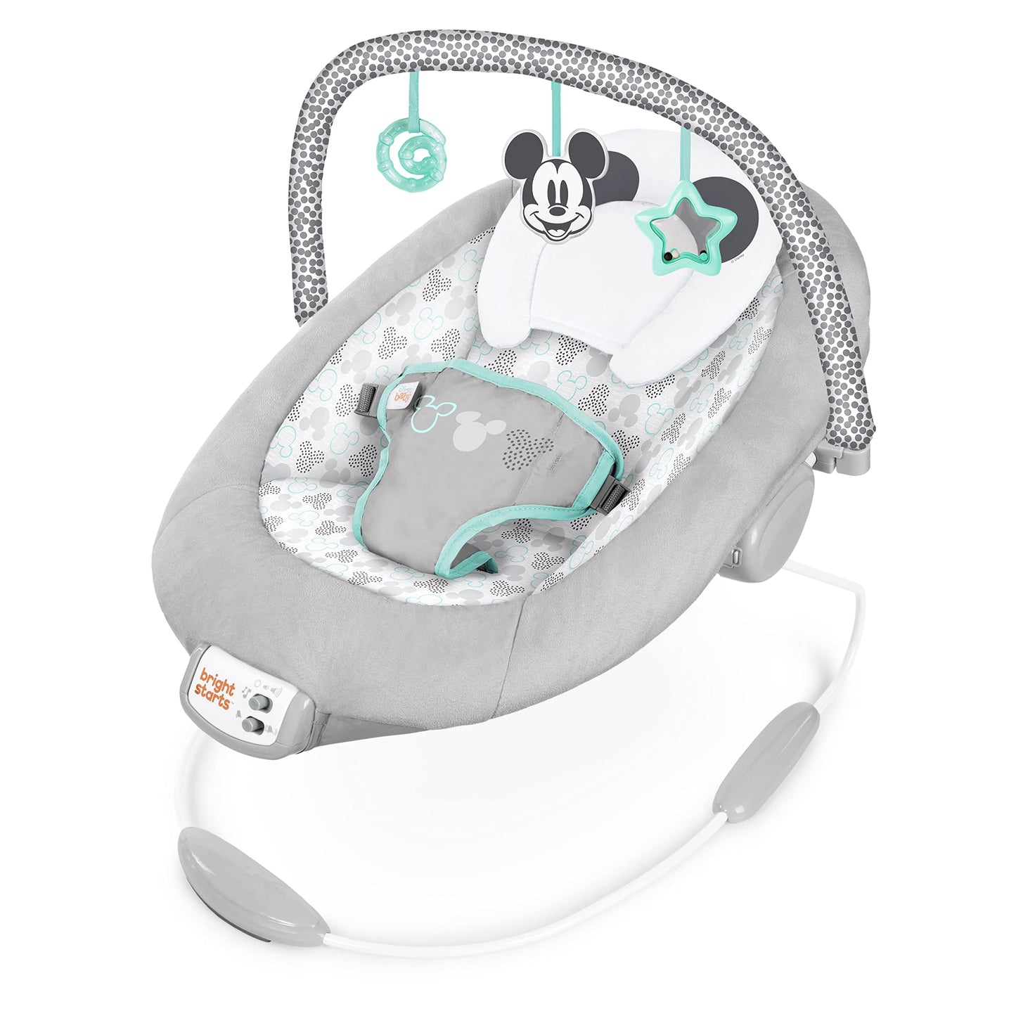 Bright Starts Mickey Mouse Comfy Disney Baby Bouncer in Cloudscapes Includes -Toy Bar with 3 Cute Toys, Plays 7 Soothing Melodie