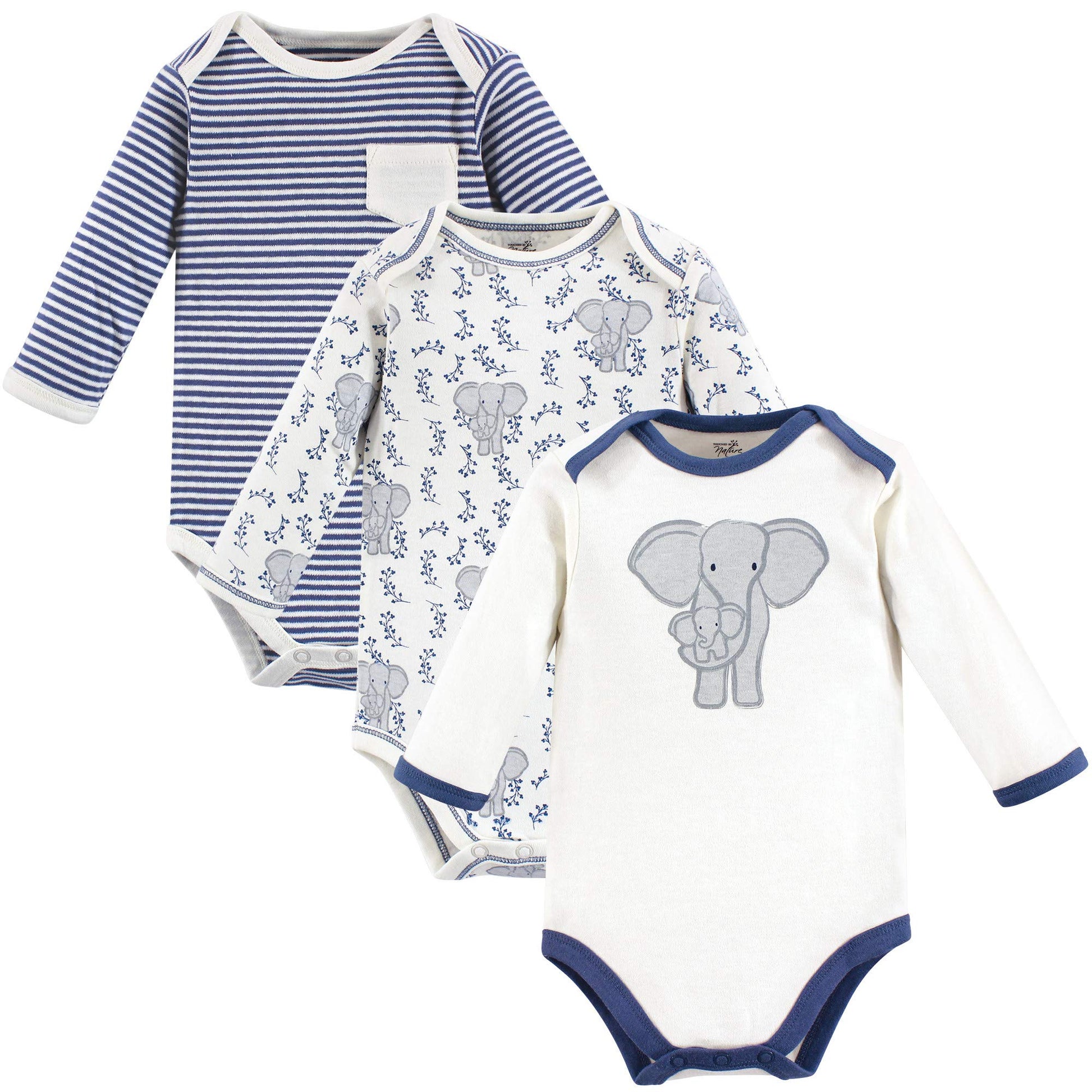 Touched By Nature Baby Organic Cotton Long-Sleeve Bodysuits, Elephant, 3-6 Months