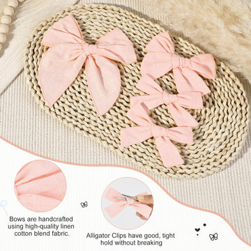 Deeka 4 Pcs Light Pink Cotton Linen Hair Bows 3 Styles 5' & 4' Handmade Hair Bow Set For Toddler Girls Alligator Hair Clips Kn