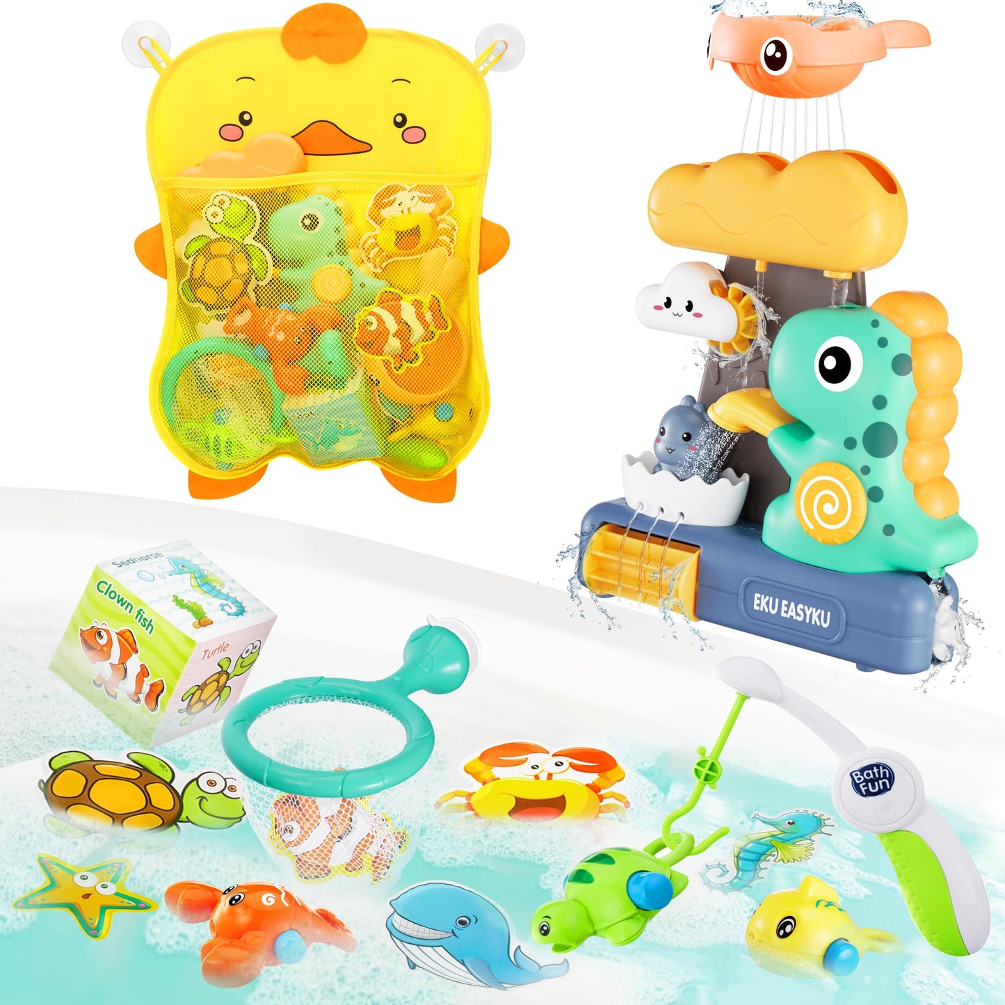 EKUEASYKU Dinosaur Bath Toys for Toddlers Shower Bath Time Fishing Games with Ocean Animals Dice Bathtub Toys Tub Gift for Baby