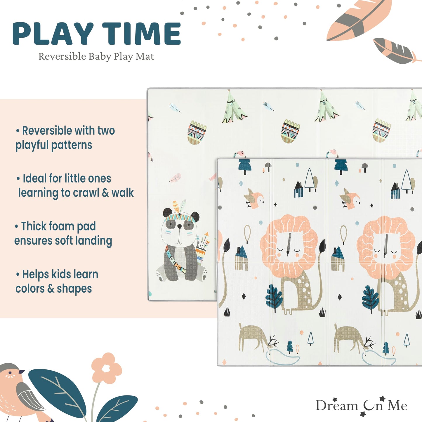 Dream On Me Play Time Reversible Baby Play Mat Foldable Extra Large Thick Foam Crawling Playmats For Toddlers Waterproof Portabl