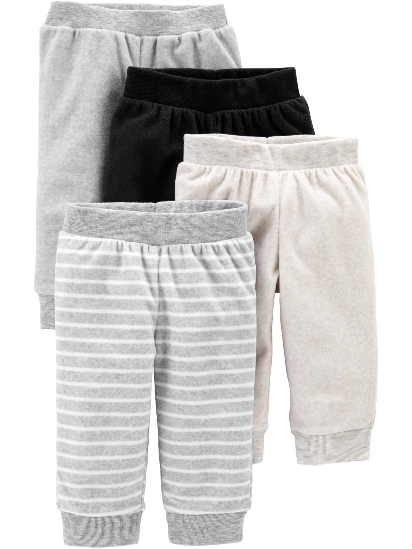 Simple Joys By Carter'S Unisex Babies' Fleece Pants, Pack Of 4, Black/Ivory/Light Grey/White Stripe, 0-3 Months