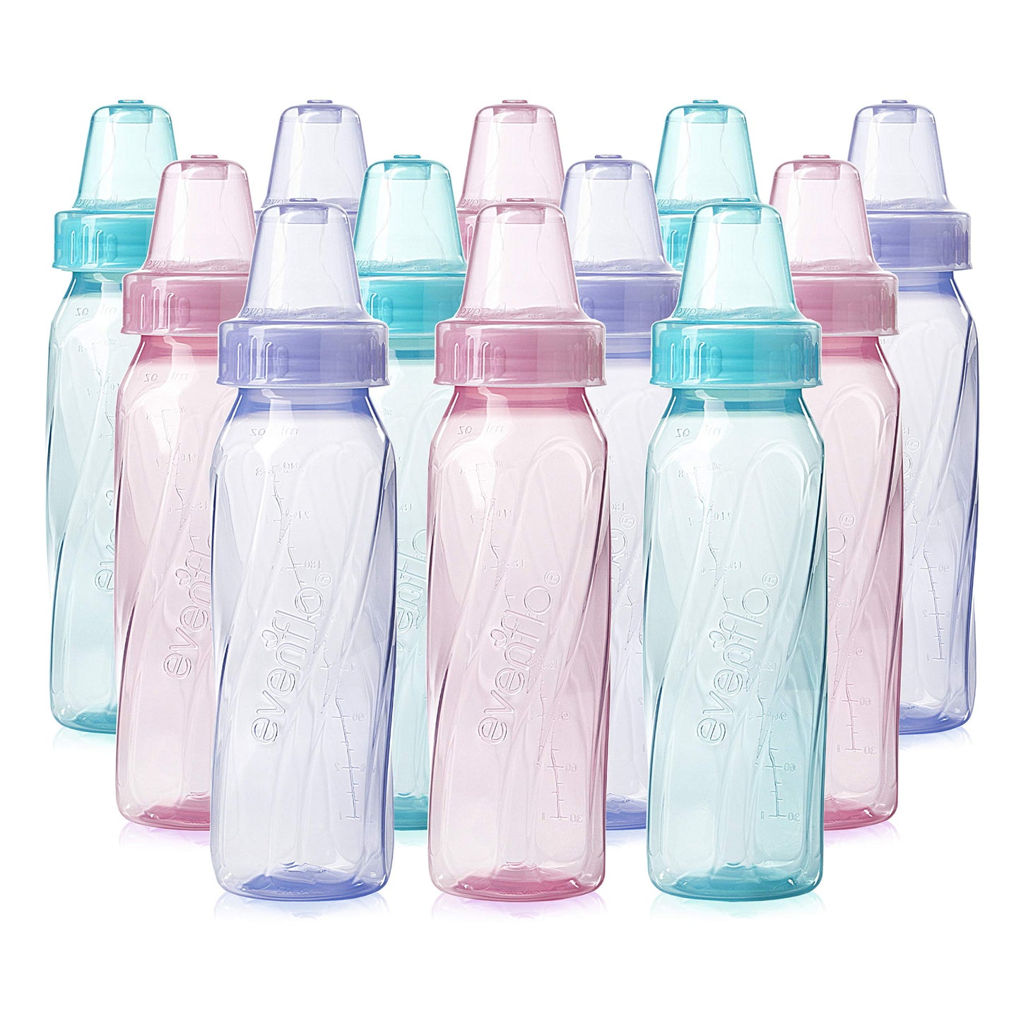 Evenflo Feeding Classic Tinted Plastic Standard Neck Bottles for Baby, Infant and Newborn, Pink/Lavender/Teal, 8 Ounce (Pack of