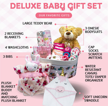 Joyful Arrival Deluxe Baby Girl Gift Basket, Baby Layette Set With 20-Piece Premium New Baby Essentials & Canvas Diaper Tote, Ba