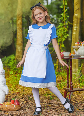 Besserbay Halloween Alice Cosplay With Black Headband Blue Peter Pan Collar Ruffle Dress With White Apron For Kid Girls 7-8 Year