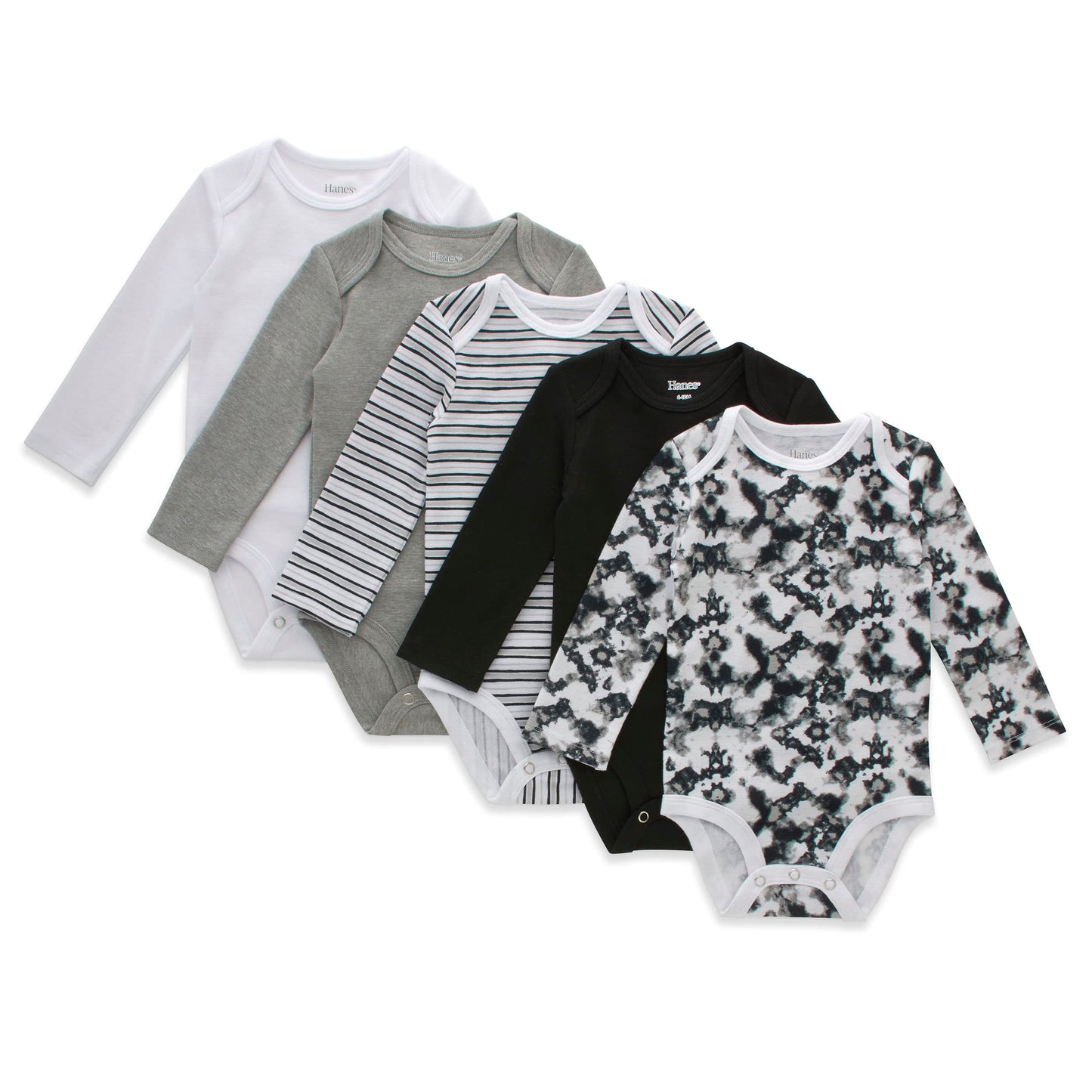 Hanes Baby Girls Bodysuits, Ultimate Flexy Infant Long Sleeve 5-Pack, White/Grey/Black, 0-6M Us