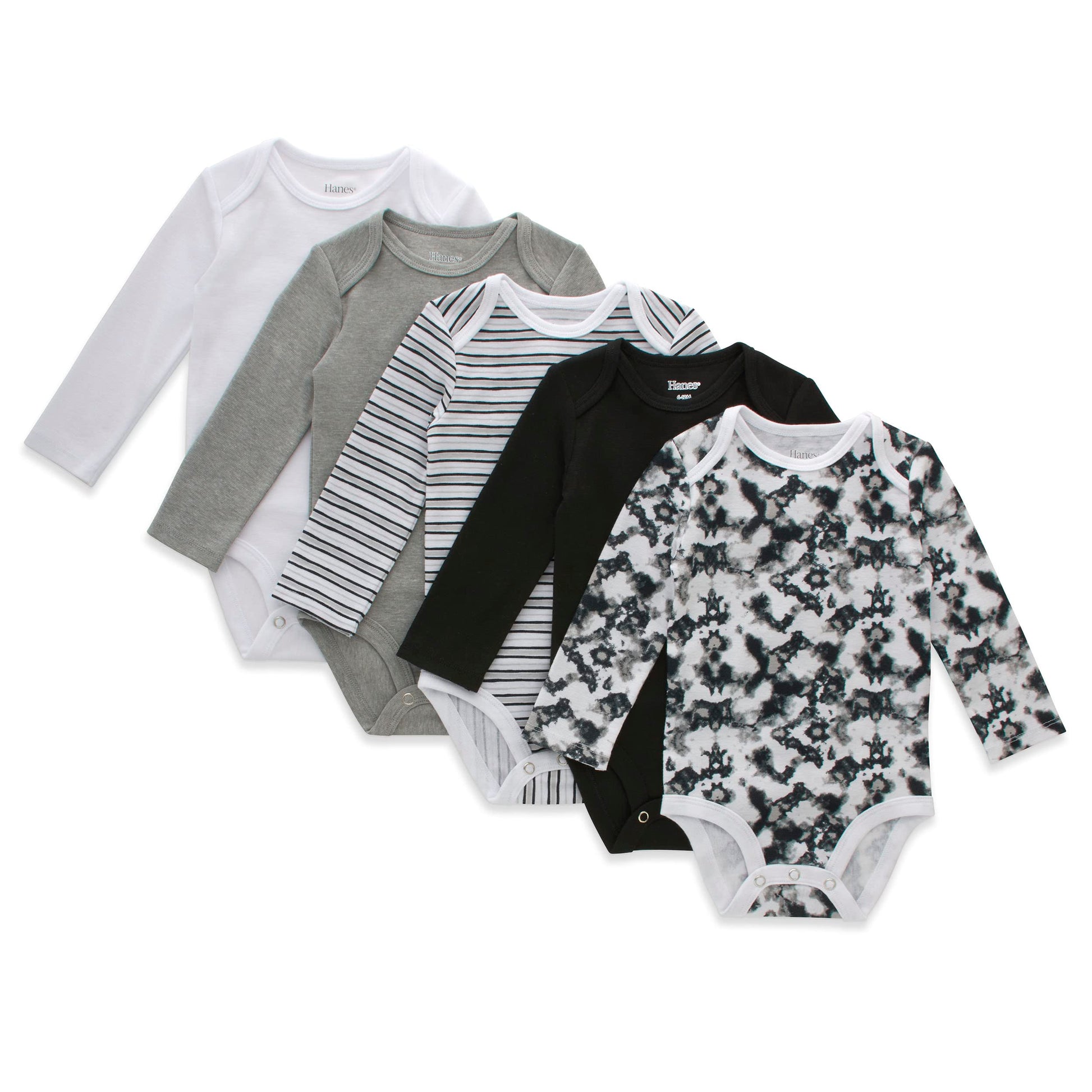 Hanes Baby Girls Bodysuits, Ultimate Flexy Infant Long Sleeve 5-Pack, White/Grey/Black, 0-6M Us