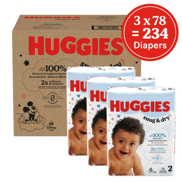 Huggies Size 2 Diapers, Snug & Dry Baby Diapers, Size 2 (12-18 Lbs), 234 Count (3 Packs Of 78), Packaging May Vary