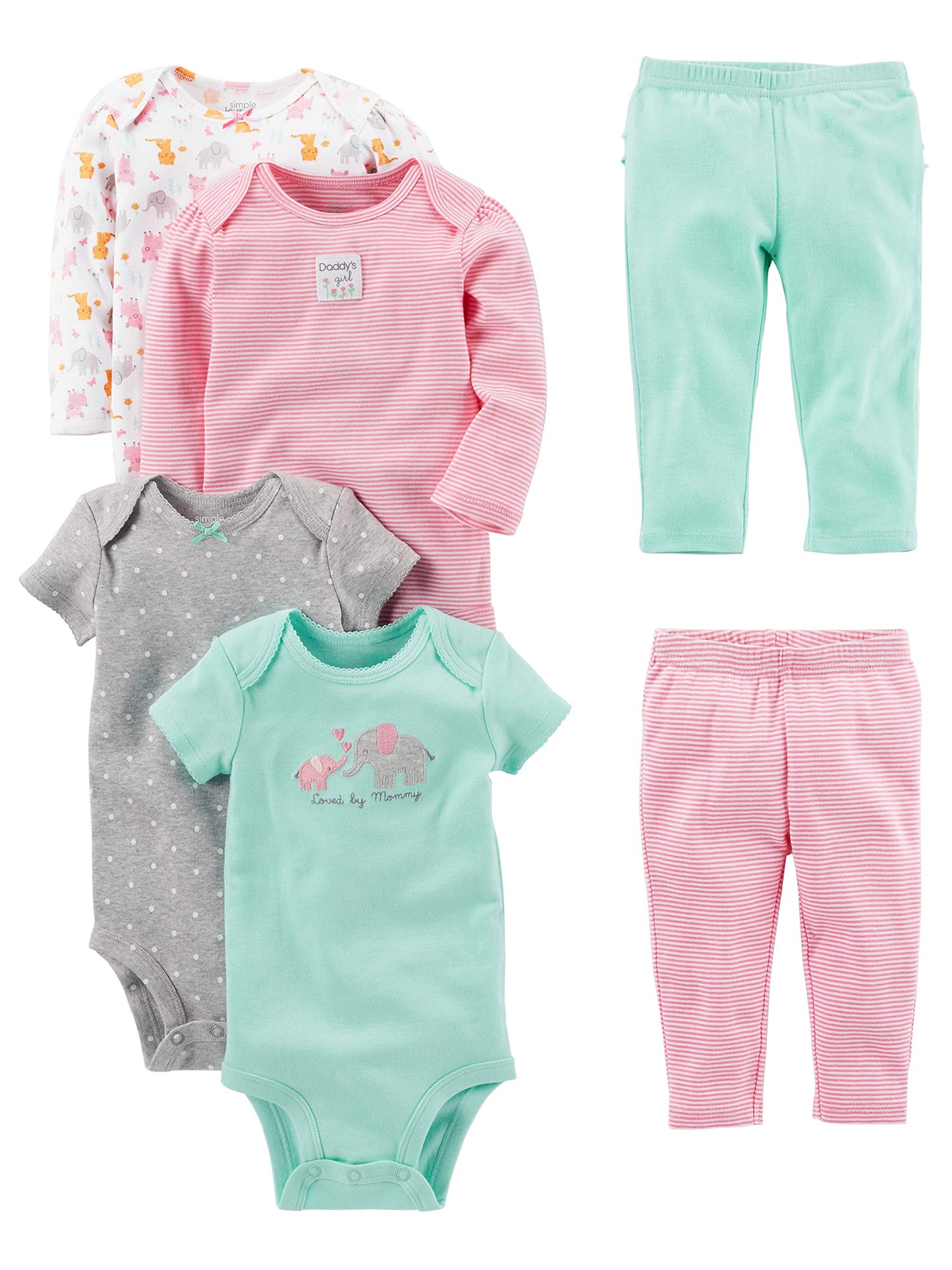 Simple Joys Baby Girls 6 piece Little Character set Sleepwear, Pink/Mint Ruffle, Preemie