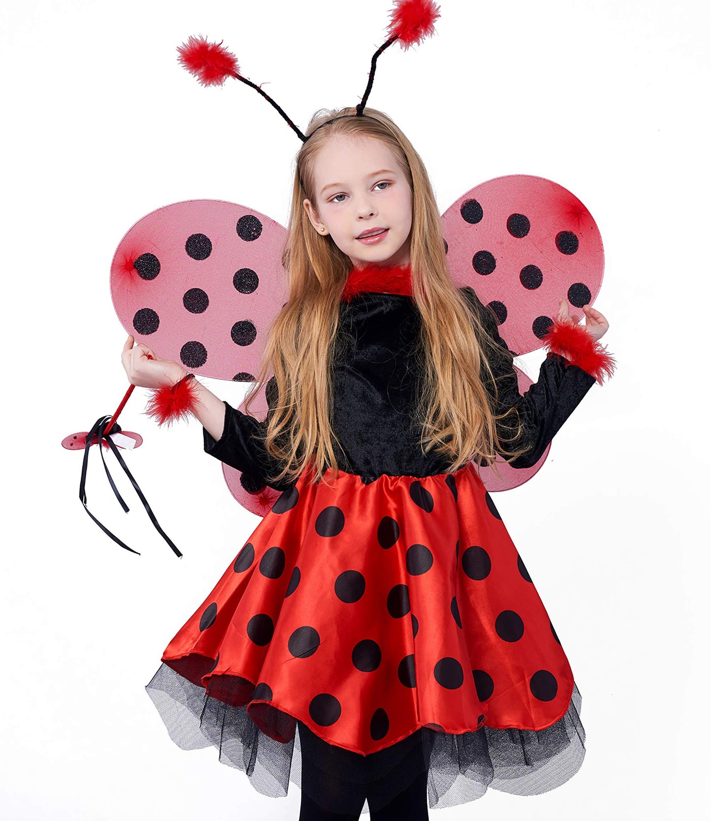 Ikali Girls Ladybug Costume, Halloween Deluxe Animal Fairy Fancy Dress Outfit With Wings (10Pcs Set) 7-8 Years