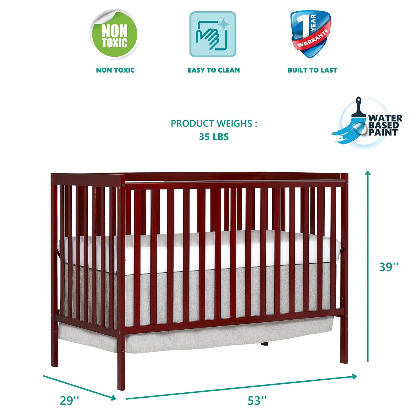 Dream On Me Synergy 5-in-1 Convertible Full-Size Baby Crib - Cherry, Greenguard Gold & JPMA Certified, Converts to Toddler Bed,