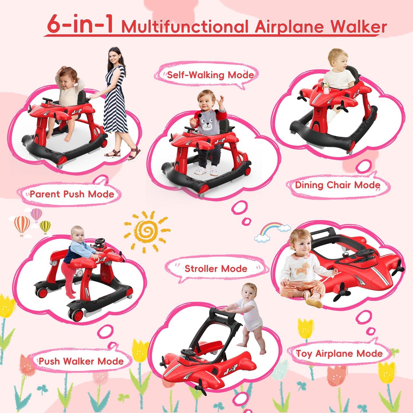 Betterhood 6-In-1 Foldable Baby Walker With Adjustable Height & Speed, Airplane-Themed Activity Push Walker With Music & Lights,