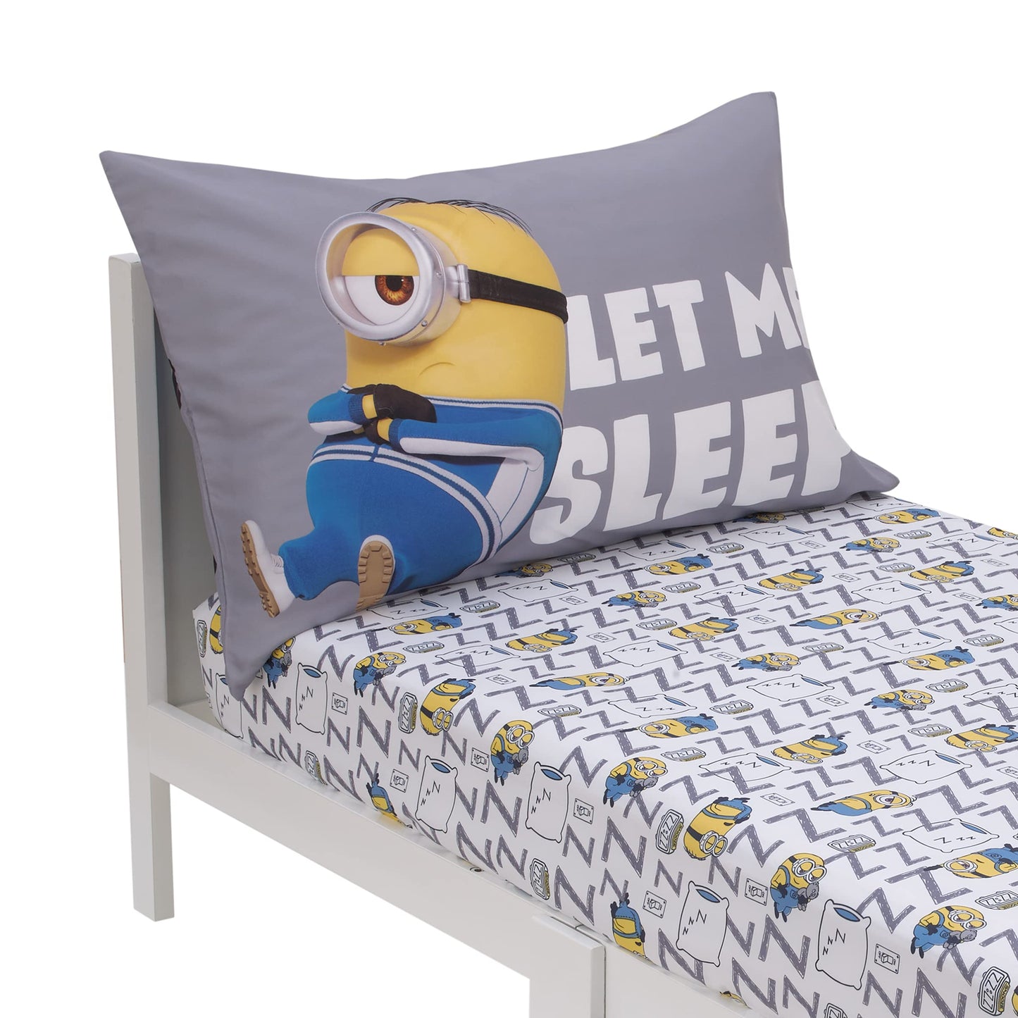 Illumination Lazy Minions Club Gray, Blue, Yellow, And White Let Me Sleep 2 Piece Toddler Sheet Set - Fitted Bottom Sheet, Rever