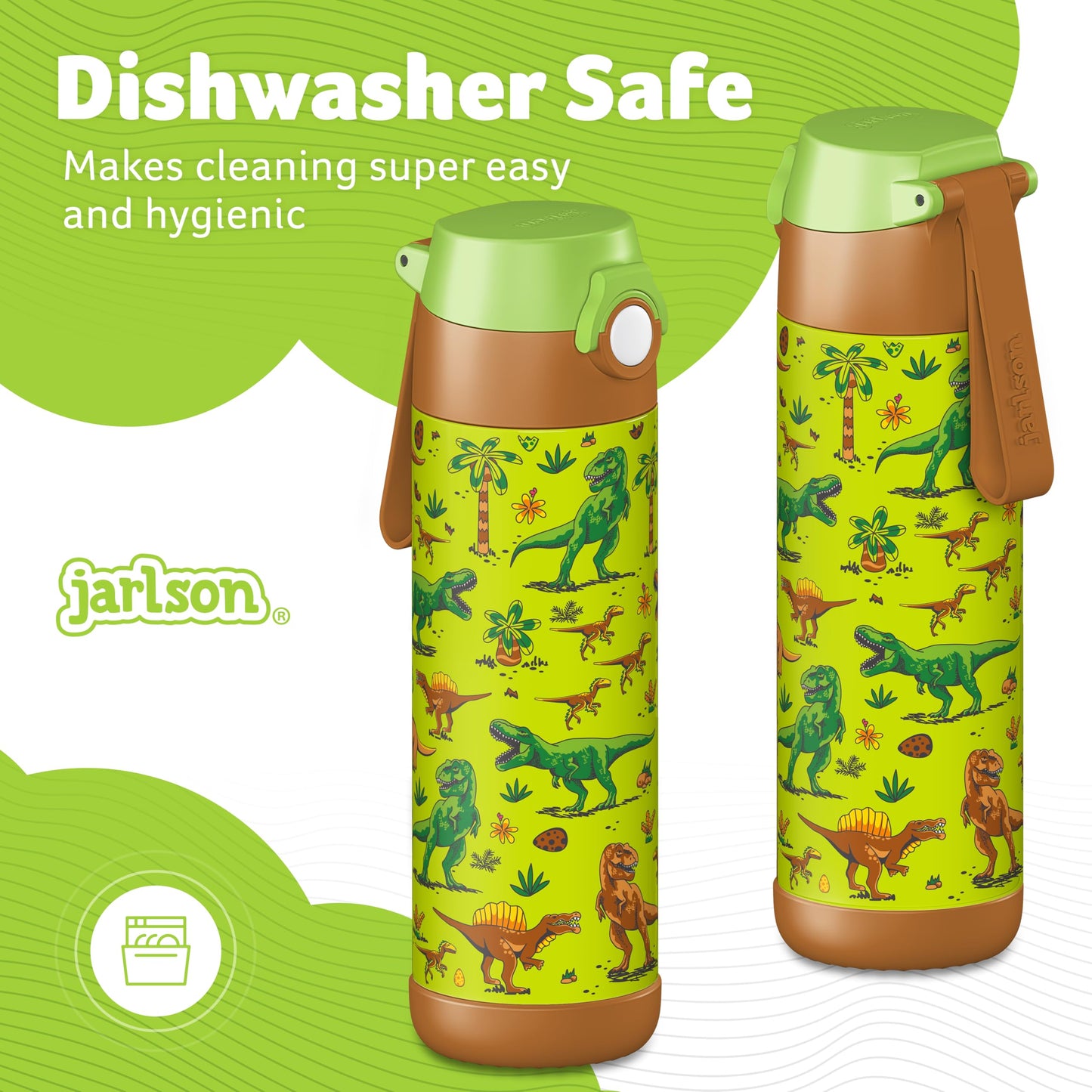 Jarlsona Kids Water Bottle - Mali - Insulated Stainless Steel Water Bottle With Chug Lid - Thermos - Girlsboys (Dinosaurs Mosaic